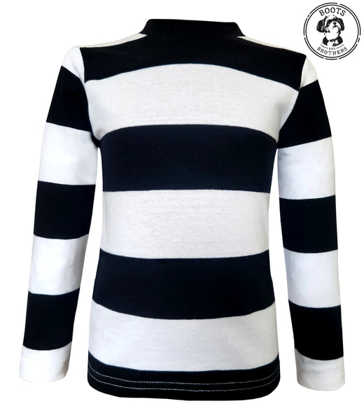 Infant, toddler, kids black and white striped longsleeve crewneck t-shirt for mime, prisoner, convict, pirate cosplay