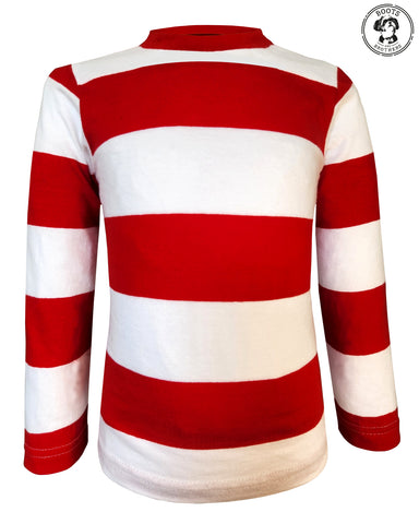 Infants, toddlers, and chirldrens red and white striped long-sleeve crewneck t-shirt for Waldo, Wenda cosplay, costume, or Chistmas.