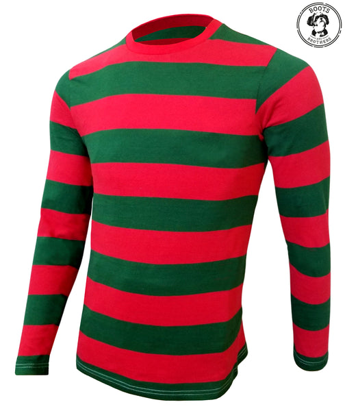 Mens red and green striped longsleeve crewneck t-shirt for Freddy Nightmare on Elm Street, Christmas elf cosplay