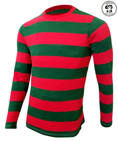 Mens red and green striped longsleeve crewneck t-shirt for Freddy Nightmare on Elm Street, Christmas elf cosplay