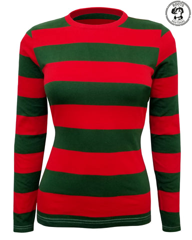 Womens red and green striped longsleeve crewneck t-shirt for Freddy Nightmare on Elm Street, Christmas elf cosplay