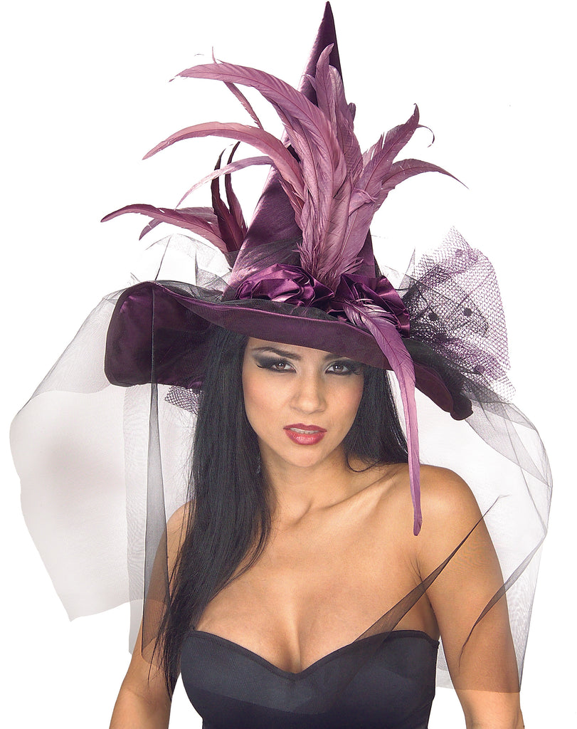 Chapeau de sorcière à plumes violettes